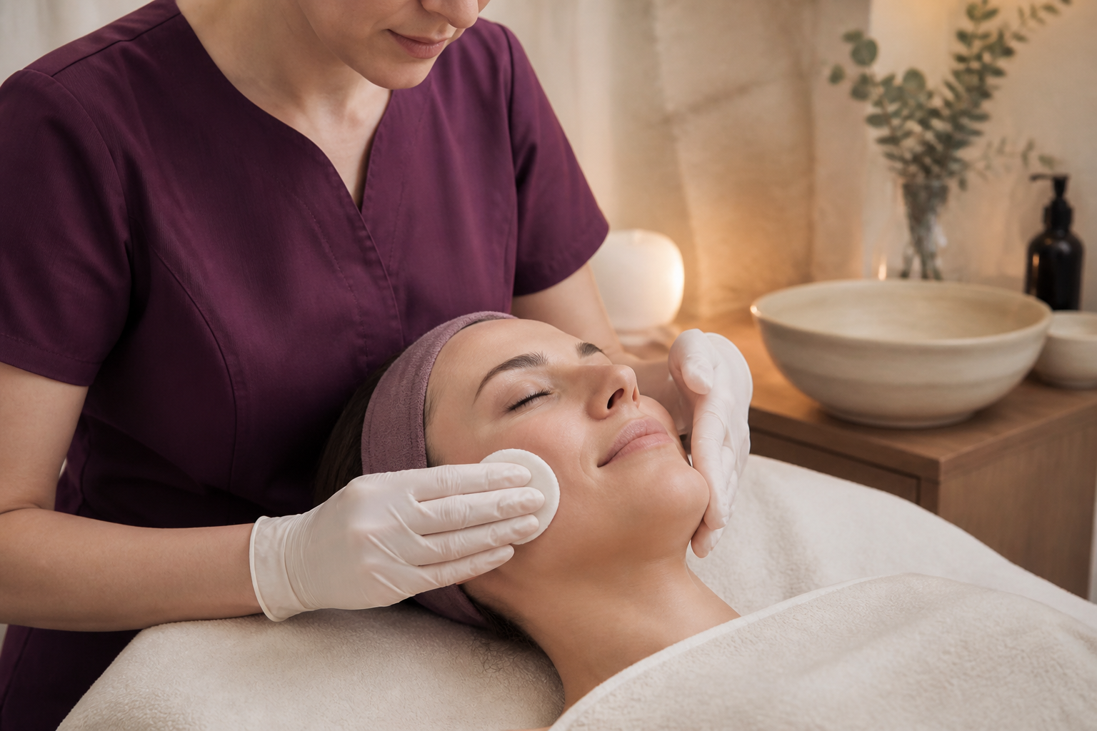 Therapist performing a gentle facial treatment